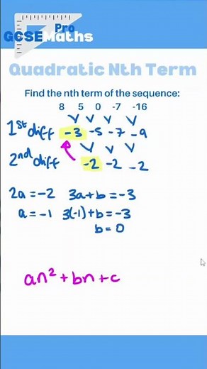 Nth Term of a Quadratic Sequence #gcsemaths #gcse #maths #nthterm #quadraticsequence #quadratic