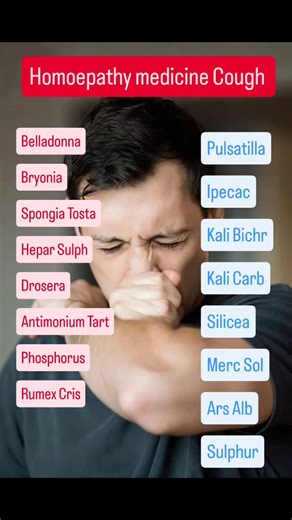 Key Homeopathic Medicines for Cough 1. Aconite – Sudden dry cough after cold exposure. 2. Belladonna – Violent cough with fever and red face. 3. Bryonia – Dry, painful cough worse from movement. 4. Drosera – Deep barking cough, worse at night. 5. Spongia Tosta – Dry, harsh, barking cough. 6. Hepar Sulph – Cough with throat sensitivity and thick mucus. 7. Ipecac – Cough with constant nausea. 8. Phosphorus – Dry tickling cough, worse talking or laughing. 9. Antimonium Tart – Wet cough with rattlin