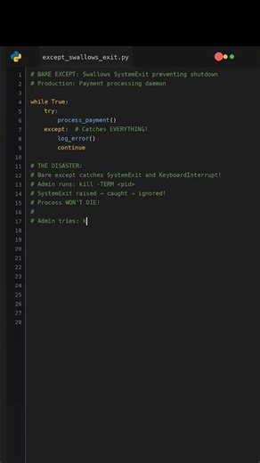 Bare Except Catches SystemExit Preventing Graceful Shutdown?! #pythonshorts