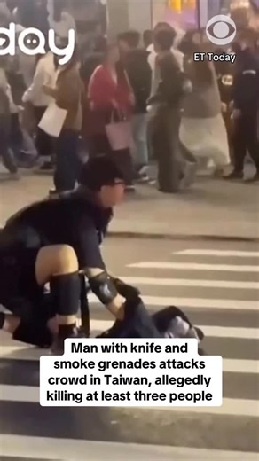 CBS News on Instagram: "Video shows the suspected attacker who attacked crowds in Taipei, Taiwan, with a knife and smoke grenades, killing at least three people and injuring nine others. The suspect later fell to his death from a department store building. The suspect, identified as a 27-year-old man named Chang Wen, threw a smoke grenade near an underground exit of the Taipei Main subway station, close to the city's main train station, sending pedestrians running, according to local media repor