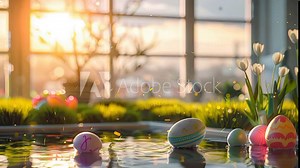 easter loop video easter egg at the pond with animated water lake in the morning with orange bright sunlight from the window