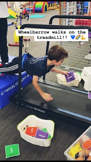 2.4K views · 20 reactions | Here’s Aydan on the treadmill doing wheelbarrow walks! We’re using our partial weight bearing hoist for arm strengthening in a fun play-based therapy session. Go Aydan!! @fiercebeautiful_angelina #physiotherapist #armworkout #play #playbasedtherapy | Therapies For Kids | Facebook
