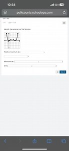 Identify the extrema's of the function.Relative maximum at ( ... | Filo