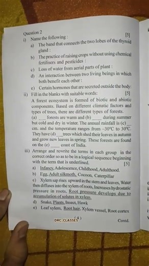 ICSE Class 8 Biology examination question paper half yearly exam questions maharishi Vidya Mandir