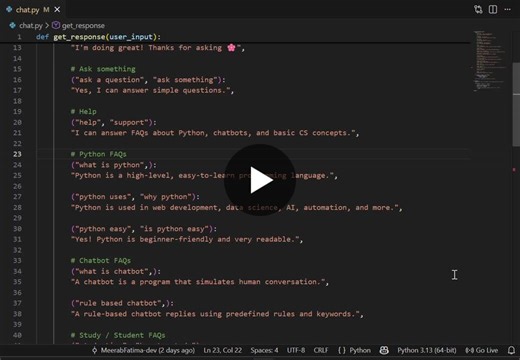 #python #chatbot #artificialintelligence #programming #internship #codealpha #computerscience #learningjourney | Meerab Fatima