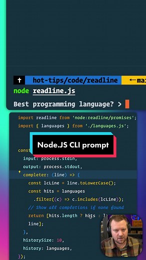 🔥 Did you know Node.js has an async readline package built in? Super handy for prompting your user for things like tokens or filenames.