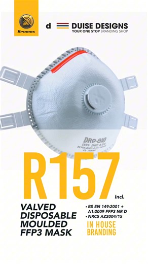 Breathe Safely, Work Confidently The Valved Disposable Moulded FFP3 Mask offers maximum respiratory protection with superior filtration and a comfortable, contoured fit. Designed for demanding environments where air quality is critical, it keeps you safe while allowing easier breathing during long shifts. 📩 Contact our sales team: 📩 Mpilo – sales1@duise.design | 📞 064 606 7952 📩 Charmaine – sales2@duise.design | 📞 068 772 3339 #DuiseDesign #Dromex #FFP3Mask #RespiratoryProtection #PPE #Work