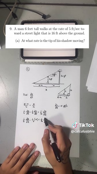 Related Rates TIP OF SHADOW PROBLEM Live Replay #calculusbhie #calculusb #fyp #foryou #relatedrates #calculus #derivatives