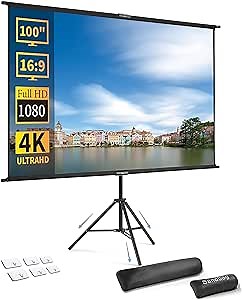 Portable Projector Screen with Stand, 100 inch 16:9, Outdoor Projector Screen, 2 in 1 Projection Screen, Foldable, Ironable and Washable, Idea for Home Cinema, Business, Backyard Party, Game.