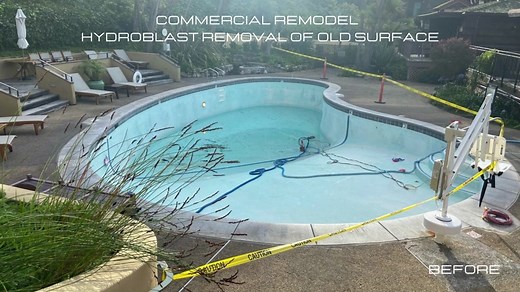 Hydroblasting is an efficient and effective method for renovating swimming pools. It uses high pressure water at 40,000 PSI to power through all layers of debris on the pool shell, removing previous coatings and any deteriorated or soft sub-surface materials. This creates a jagged substrate, ideal for maximum adhesion of the pool shell to a new pool finish. It is significantly better than other methods for removing the old finish on a pool, as it does not impact or weaken the pool shell substrat