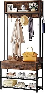 Amazon.com: LITTLE TREE 4-in-1 Entryway Hall Tree with Drawer, Industrial Coat Rack with Shoe Bench, Shoe Storage Rack, Hutch and 9 Hooks, Rustic Brown : Home & Kitchen