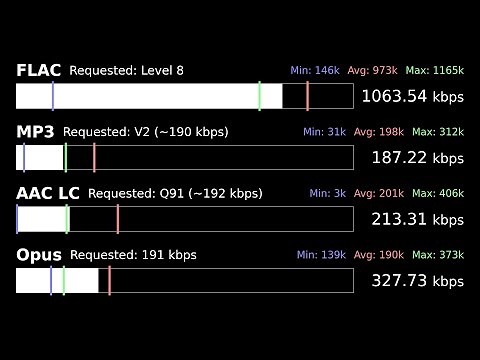 Instantaneous Variable Bitrate Visualization between MP3, FLAC, AAC, and Opus Audio Codecs