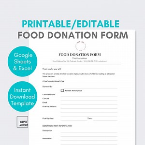 Food Donation Form Template Printable Editable in Excel and Google Sheets, Instant Download for Non-profit Charity Organization or Food Bank - Etsy