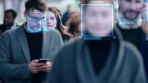 Crowd of Business People Tracked with Technology Walking on Busy Urban City Streets. CCTV AI Facial Recognition Big Data Analysis Interface Scanning, Showing Animated Information.