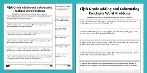 Fifth Grade Adding and Subtracting Fractions Word Problems Practice Worksheet
