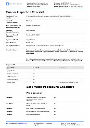 Grinder Inspection Checklist (For angle, portable and bench grinders)