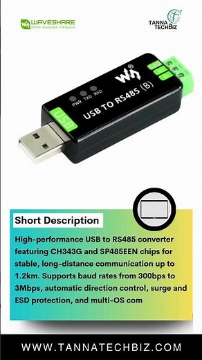 Waveshare Industrial USB to RS485 Converter | CH343G Chip | 1.2km Range | ESD & Surge Protected