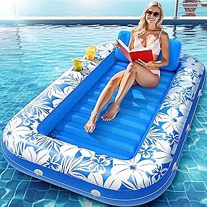Pool Floats Adult Inflatable Pool Float,70" x 46" Tanning Pool Sunbathing Lounger Floaties with Headrest & Cup Holder