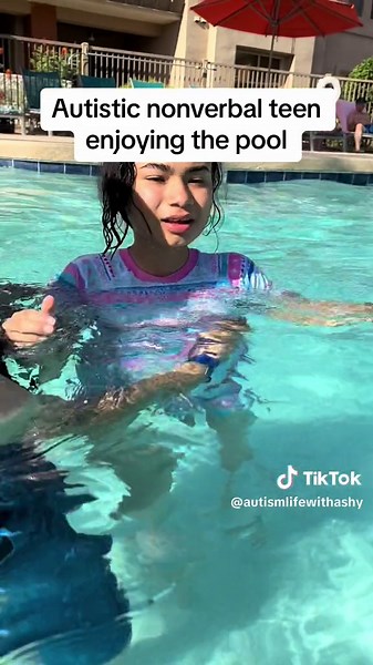 Autistic nonverbal teen enjoying the pool on this hot day! #autismawareness #specialneeds #help #spreadawareness #foryoupage #viral #follow #share #support #nonverbal #fyp #pool #resort
