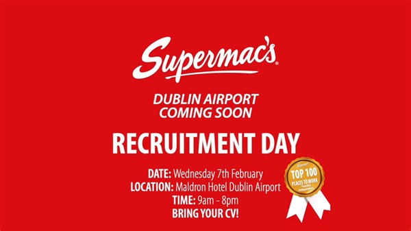 2K views · 12 reactions | Would you like to become part of the team? We are hosting a recruitment day for our brand new location coming soon to Dublin Airport! Come along on the 7th February to the Maldron Hotel Dublin Airport with your CV to apply! ✈ #Supermacs #Irish #Dublin #DublinAirport #Hiring #Recruitment | Supermac's | Facebook