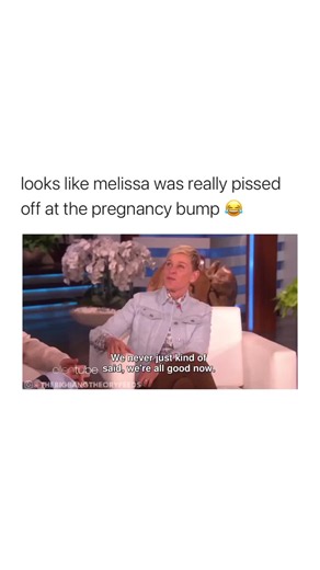 Ellen DeGeneres appears on her talk show set here, with an on-screen caption noting that a certain topic never really got a proper resolution or acknowledgment, tied to the hook text's mention of a pregnancy bump reveal. This appears to reference a moment where a Big Bang Theory cast member's real-life pregnancy became a talking point during a talk show appearance, a common occurrence when actors need to navigate personal life changes while promoting their work. Ellen's show was known for these 