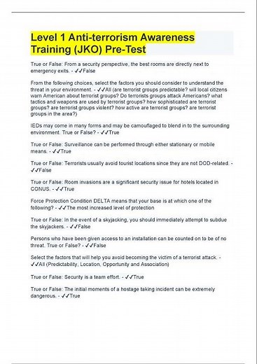 Level 1 Anti terrorism Awareness Training JKO Pre Test 100% Correct Answers