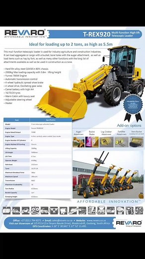 Revaro T-REX 920 2 Ton Telescopic Wheel LoaderR480 000 ex Vat! #telescopicloaders #loader #earthmovingequipment #wheelloader #agriculture #revaro #digging #reaching #boer #yellowmetal