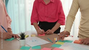 Slow motion hand closeup of startup employee team brainstorming strategic marketing plan and making mind map with colorful sticky notes placed on office table at meeting room. Variegated