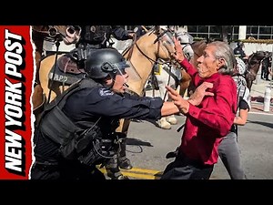 Shocking moment mounted LAPD officer hits grey-haired man with a baton