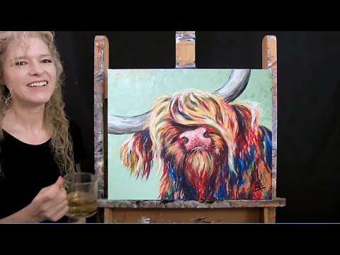 How to Paint Abstract COLORFUL HIGHLAND COW with Acrylic - Paint & Sip - Step by Step Tutorial