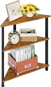 3 Tier End Corner Table, Corner Shelf, Triangle End/Side Tables, Corner Nightstand, Corner Bookshelf with Metal Frame Corner Shelf Stand for Small Space Living Room(Rustic Brown)