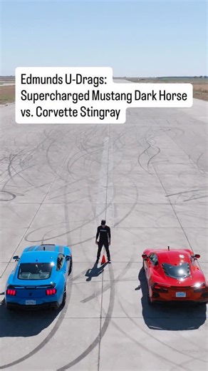Edmunds on Instagram: "We were not expecting this to be such a knockout ❌ Our latest Edmunds U-Drags race features our supercharged Mustang Dark Horse duking it out against a Corvette Stingray, and the results may surprise you. What do you think? Hit the link in bio for the full video with multiple races and test numbers!"