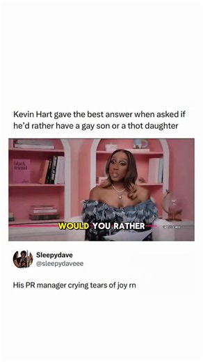 Memes, Entertainment, News on Instagram: "Dude gave us a PR masterclass 😂😂 Kevin Hart’s response comes from a filmed interview segment where he was posed a deliberately provocative hypothetical about parenting. Rather than choosing between the two options presented, Hart redirected the question entirely, saying he would rather have “two healthy kids,” a line that quickly circulated online for sidestepping the premise and reframing the moment around health and well-being rather than labels or s