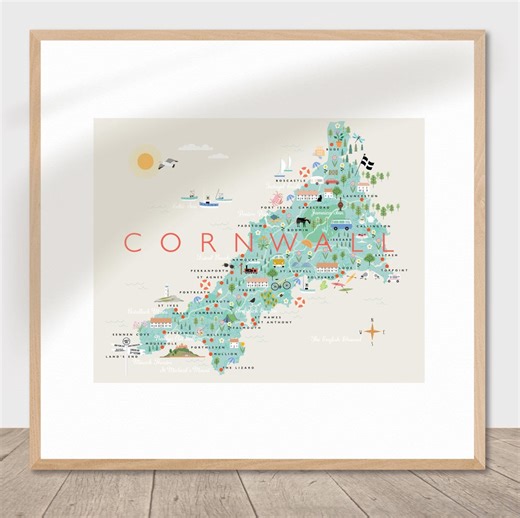 Cornwall Art Map Print. Cornwall Gift Souvenir. Cornwall Illustrated Map. - Etsy UK