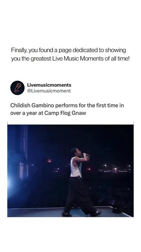 Live Music Moments on Instagram: "Childish Gambino returned to the stage at Camp Flog Gnaw 2025 — his first full performance since canceling the 2024 The New World Tour due to health complications. After revealing he had suffered a stroke and undergone multiple surgeries following a concert in Louisiana, he used this set to walk through a fan-voted playlist of his biggest songs, reconnecting with the audience that had waited so long for his comeback. His comeback carried more weight than a regul