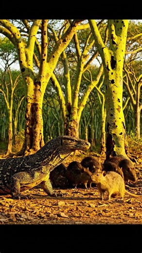 Nile Monitor vs Greater Cane Rat on the a fever-tree grove glowing lime-green at sunrise