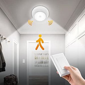 SURAIELEC Battery Ceiling Light with Wall Switch, Motion Sensor Light Indoor, Wireless Wall Switch Remote, 6500K, 300LM, Battery Powered Ceiling Light for Closet, Pantry, Laundry, and Shed, 1-Pack