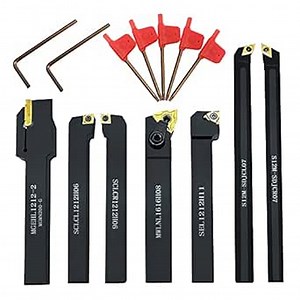 Indexable Lathe Turning Tool,1/2'' Shank 7 Pieces Carbide Turning Tool Set,Metal Lathe Tools Holder for Turning Grooving Threading with Tin Coated Carbide Inserts Turning insert (B)