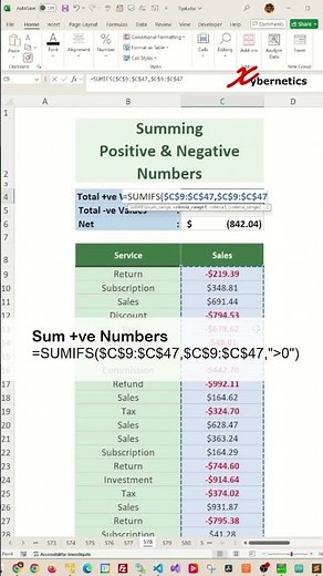 Sum positive and negative numbers in the same column - Excel Tips and Tricks