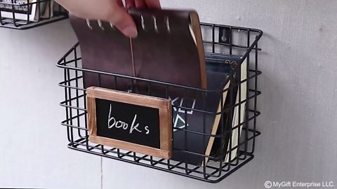 MyGift 10 Inch Wall Mounted Matte Black Metal Wire Storage Baskets with Chalkboard Labels, Small Hanging Organizer Bins for Home Entryway Kitchen Pantry Closet, Set of 3