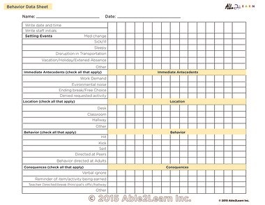Behavior Data Sheet (ABC) Chart :1 Page