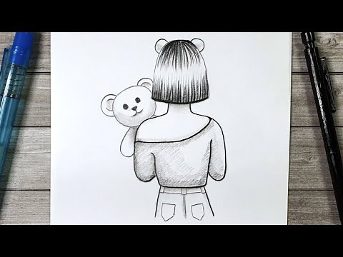 DESSINER UNE FILLE DE DOS QUI TIENT UN DOUDOU - TUTO DESSIN
