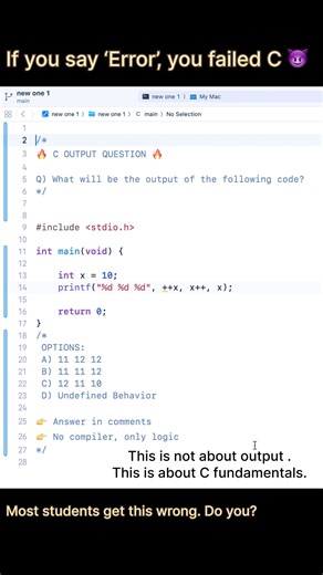AK | Coding & AI on Instagram: "Most people rush to say “Error” 😏 But real C programmers know — this question is about evaluation order & undefined behavior, not just output. 💬 Drop your answer in the comments ❌ No compiler ✅ Only logic If you understand this, you’re ahead of 90% beginners. #cprogramming #clanguage #codinglogic #programmingquiz #csstudent #engineeringlife #codechallenge #learnc #codingreels #programmingmemes #developerlife #logicbuilding #computerscience"