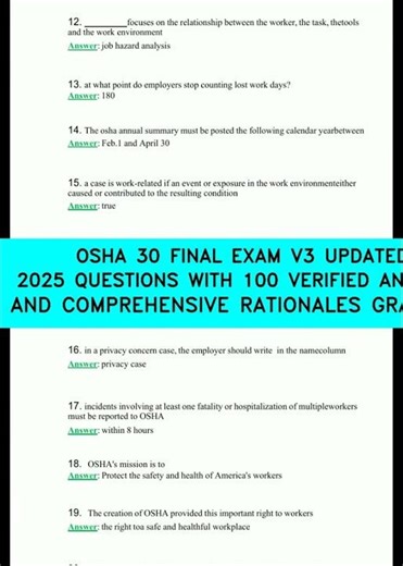 OSHA 30 FINAL EXAM V3 UPDATED 2025 QUESTIONS WITH 100 VERIFIED ANSWERS AND COMPREHENSIVE RATIONAL