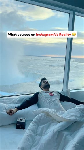 Kushal on Instagram: "Instagram vs Reality Niagara falls 🥲🥲 When you book a hotel in Niagara Falls with a falls view and want to take photos like this, sometimes you have to move a mattress to the window just don’t forget to put it back afterward🙏 #canada #toronto #niagarafalls #brampton #indian ( Niagara falls, Falls view hotel Niagara falls, Instagram vs Reality reels, Relatable reels, Indians in Canada, International students in Canada)"