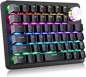 Koolertron One Handed Mechanical Gaming Keyboard, 45-Key Fully Programmable Mini Keypad, Mini USB Macro Keyboard with Rotating Knob, RGB Backlit Red Switches, for Windows PC Gamers