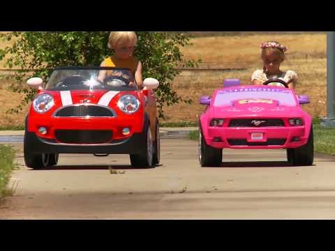 Kids Ride On Power Wheels Car Race - Mini Cooper vs Disney Mustang!!!