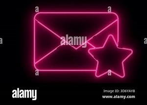 Pink neonstyle email icon with an adjacent fivepoint star against a black background