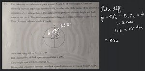 Two coherent monochromatic point sources S_{1} and S_{2} of wav... | Filo