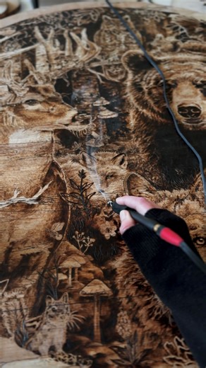 Woodburning the final details and textures. This original pyrography artwork is titled The Gathering and will be available on my website when complete along with 50 limited edition fine art prints. #woodburning #pyrography #pyrographyart #woodburningart | Hippie North